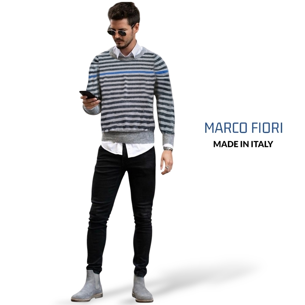Gray and Blue Merino Wool Crewneck Sweater with Nautical Stripes